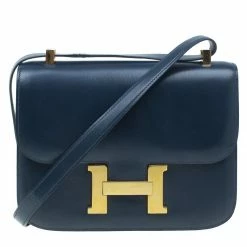 Hermes Blue De Malte Epsom Calfskin Box Constance Shoulder Bag For Women