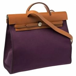 Hermes Fauve/Cassis Lin Canvas And Leather Herbag Zip 39 Bag For Women -Deals Hermes Store luxury women hermes used handbags p392367 012