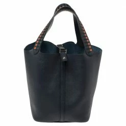 Hermes Bleu Indigo/Black/Terre Battue Epsom Leather Picotin Lock Cuir De Tressage MM Bag For Women