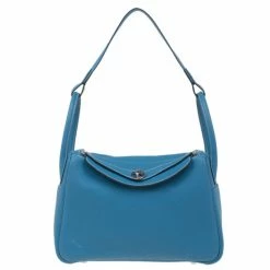 Hermes Blue Clemence Leather Lindy Bag 30 For Women