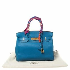 Hermes Blue Birkin Izmir Clemence Leather Gold Hardware Birkin 30 Bag With Twilly For Women -Deals Hermes Store luxury women hermes used handbags p411574 023
