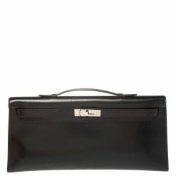 Hermes Black Box Calf Leather Palladium Hardware Kelly Longue Clutch 34 For Women