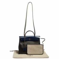 Hermes Black/Blue Sapphire Coated Canvas And Leather Limited Edition Herbag Zip 31 Bag For Women -Deals Hermes Store luxury women hermes used handbags p413424 011