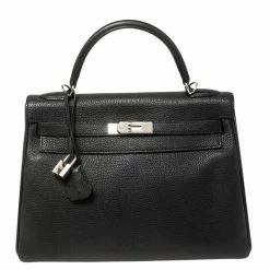 Hermes Hermés Noir Togo Leather Palladium Hardware Kelly Retourne 32 Bag For Women
