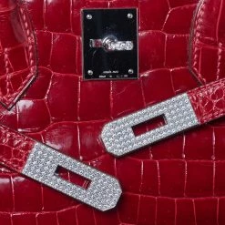 Hermes Hermès Rouge Braise Porosus Crocodile 18K White Gold Encrusted Diamond Birkin 35 Bag For Women -Deals Hermes Store luxury women hermes used handbags p428967 012