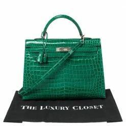 Hermes Hermès Vert Emerald Shine Crocodile Porosus Palladium Finished Kelly Sellier 35 Bag For Women -Deals Hermes Store luxury women hermes used handbags p445938 002
