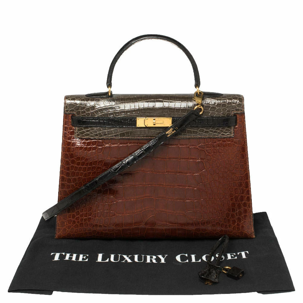 Hermes Hermès Tri Color Shine Alligator Gold Finished Kelly Sellier 35 Bag For Women 14 Hermes Hermès Tri Color Shine Alligator Gold Finished Kelly Sellier 35 Bag For Women - Image 12