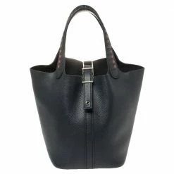 Hermes Bleu Indigo/Black/Terre Battue Epsom Leather Lock Picotin Cuir De Tressage PM Bag For Women