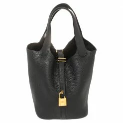 Hermes Black Clemence Leather Lock Picotin PM Bag For Women