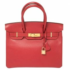 Hermes Rouge Casaque Epsom Leather Gold Finish Birkin 30 Bag For Women