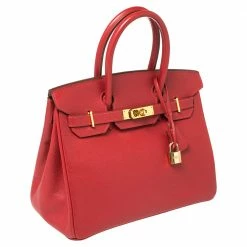 Hermes Rouge Casaque Epsom Leather Gold Finish Birkin 30 Bag For Women -Deals Hermes Store luxury women hermes used handbags p450331 007
