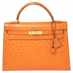 Hermes Orange Ostrich Gold Finished Kelly Sellier 32 Bag For Women