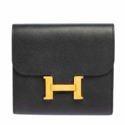 Hermes Noir Epsom Leather Constance Compact Wallet For Women