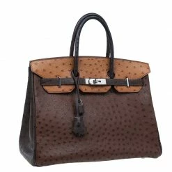 Hermes Brown Tri Color Ostrich Leather Palladium Birkin 35 Bag For Women -Deals Hermes Store luxury women hermes used handbags p46295 003