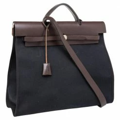 Hermes Black/Cacao Canvas And Leather Herbag Zip 39 Bag For Women -Deals Hermes Store luxury women hermes used handbags p470131 004