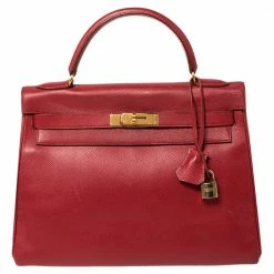 Hermes Rouge VIF Courchevel Leather Gold Finished Kelly Retourne 32 Bag For Women