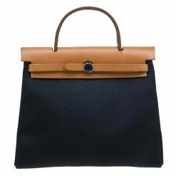 Hermes Tan Leather And Black And Beige Toile Canvas Herbag 2 In 2 For Women