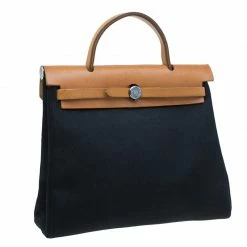 Hermes Tan Leather And Black And Beige Toile Canvas Herbag 2 In 2 For Women -Deals Hermes Store luxury women hermes used handbags p47220 003