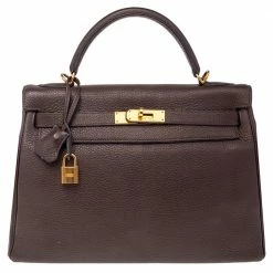 Hermes Chocolat Taurillon Clemence Leather Gold Hardware Kelly Retourne 32 Bag For Women