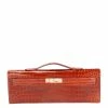 Hermes Brown/Miel Shiny Niloticus Crocodile Leather Kelly Cut Bag For Women