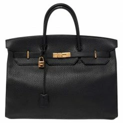 Hermes Noir Fjord Leather Gold Plated Birkin 40 Bag For Women