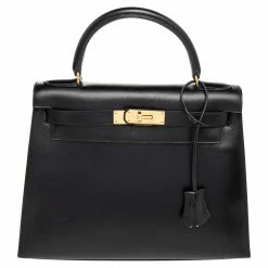 Hermes Black Box Calf Leather Gold Hardware Kelly Sellier 28 Bag For Women