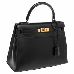 Hermes Black Box Calf Leather Gold Hardware Kelly Sellier 28 Bag For Women -Deals Hermes Store luxury women hermes used handbags p486023 005