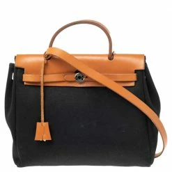 Hermes Noir/Natural Canvas And Leather Herbag PM Bag For Women