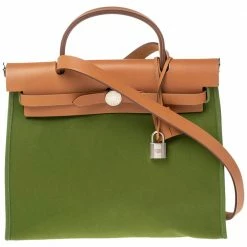 Hermes Apple Green/Natural Canvas And Leather Herbag Zip 31 Bag For Women