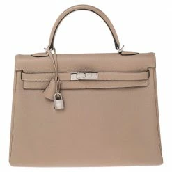 Hermes Gris Tourterelle Togo Leather Palladium Plated Kelly Retourne 35 Bag For Women