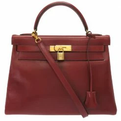 Hermes Red Calf Leather Gold Hardware Kelly 32 Bag For Women