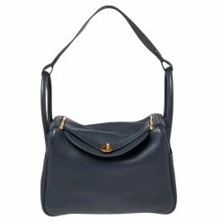 Hermes Blue Nuit Taurillion Clemence Gold Finish Lindy 30 Bag For Women