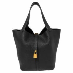 Hermes Black Taurillon Clemence Leather Picotin Lock 22 Bag For Women