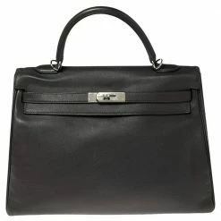 Hermes Ardoise Evercolor Leather Palladium Finished Kelly Retourne 35 Bag For Women