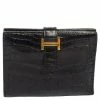 Hermes Noir Alligator Bearn Compact Wallet For Women