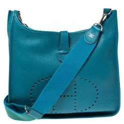 Hermes Bleu Izmir Taurillon Clemence Leather Evelyne III GM Bag For Women
