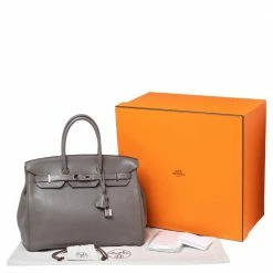 Hermes Etain Taurillon Clemence Leather Palladium Plated Birkin 35 Bag For Women -Deals Hermes Store luxury women hermes used handbags p500807 010