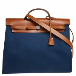 Hermes Bleu De Malte/Fauve Canvas And Leather Herbag Zip 39 Bag For Women