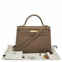 Hermes Etoupe Grey Epsom Leather Gold Hardware Kelly Sellier 32 Bag For Women -Deals Hermes Store luxury women hermes used handbags p503636 011