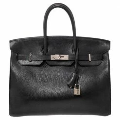 Hermes Noir Taurillon Clemence Leather Palladium Plated Birkin 35 Bag For Women