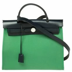 Hermes Bamboo/Bleu Indigo Canvas And Leather Herbag Zip 31 Bag For Women