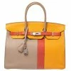 Hermes Gris Tourterelle/Moutarde Clemence And Sanguine Swift Leather Palladium Plated Limited Edition Birkin 35 Bag For Women