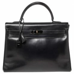 Hermes Black Box Leather Black Hardware So Black Kelly Retourne 35 Bag For Women