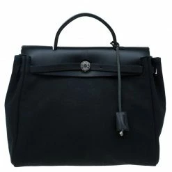 Hermes Beige/Black Canvas And Vache Calfskin Leather 2-in-1 Herbag PM Bag For Women