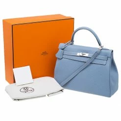 Hermes Blue Lin Togo Palladium Hardware Kelly Retourne 32 Bag For Women -Deals Hermes Store luxury women hermes used handbags p52779 018