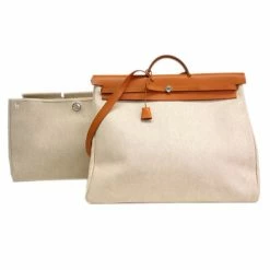 Hermes Tan Leather And Beige Toile Canvas Large Herbag For Women
