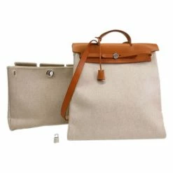 Hermes Tan Leather And Beige Toilea Canvas Herbag MM For Women -Deals Hermes Store luxury women hermes used handbags p5302 015