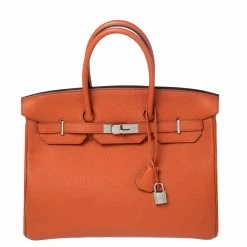 Hermes Terre Battue Togo Leather Palladium Plated Birkin 35 Bag For Women