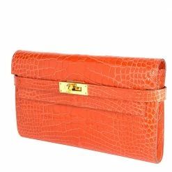 Hermes Tangerine Shiny Alligator Leather Classic Kelly Wallet For Women 12 Hermes Tangerine Shiny Alligator Leather Classic Kelly Wallet For Women -Deals Hermes Store luxury women hermes used handbags p549803 005