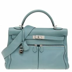 Hermes Ciel Swift Leather Palladium Plated Kelly Lakis 32 Bag For Women